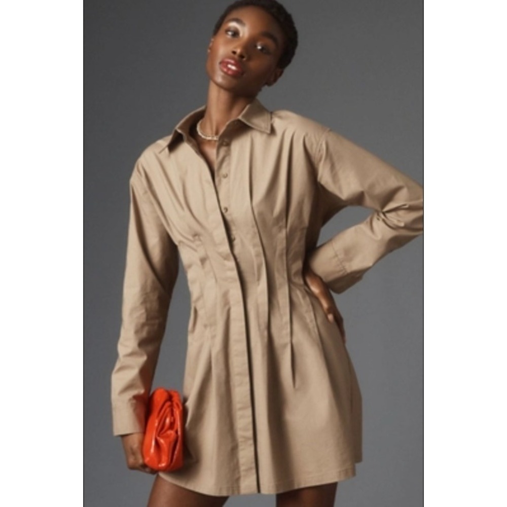 Pilcro Anthropologie Pintuck Mini Shirt Dress Khaki Tan Size Medium